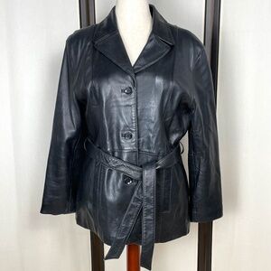Vintage Isabela Kristina Rich Black Leather Jacket Tie Belt Button Size XL
